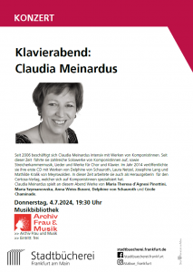 Plakat für den Klavierabend Claudia Meinardus in der Stadtbücherei Frankfurt mit Foto der Pianistin und den Daten der Veranstaltung